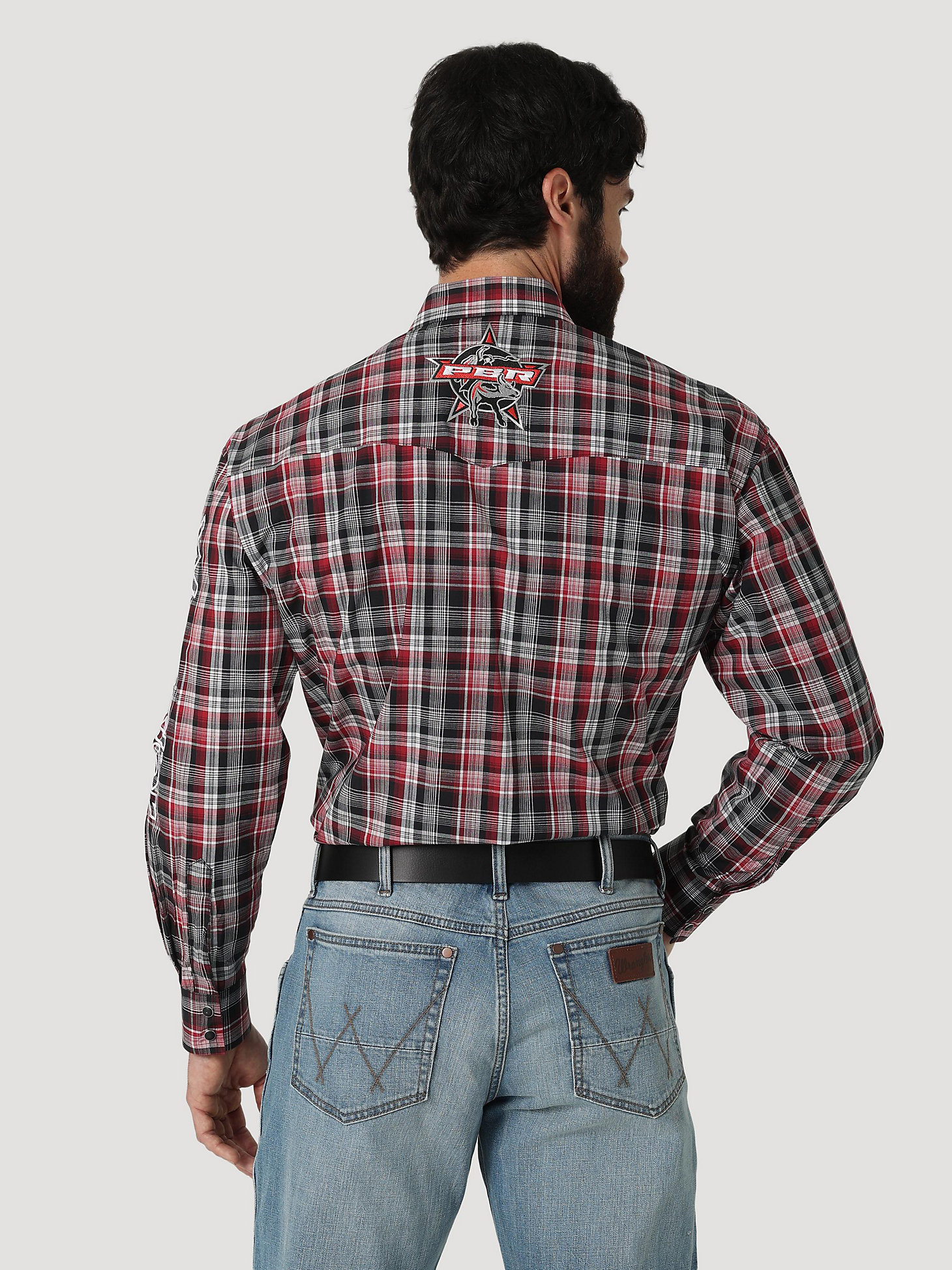 Men's Wrangler® PBR® Logo Long Sleeve Plaid Western Snap Shirt in Red/Black alternative view 1