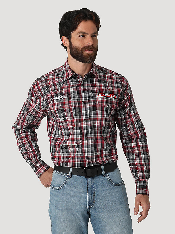 Men's Wrangler® PBR® Logo Long Sleeve Plaid Western Snap Shirt in Red/Black main view