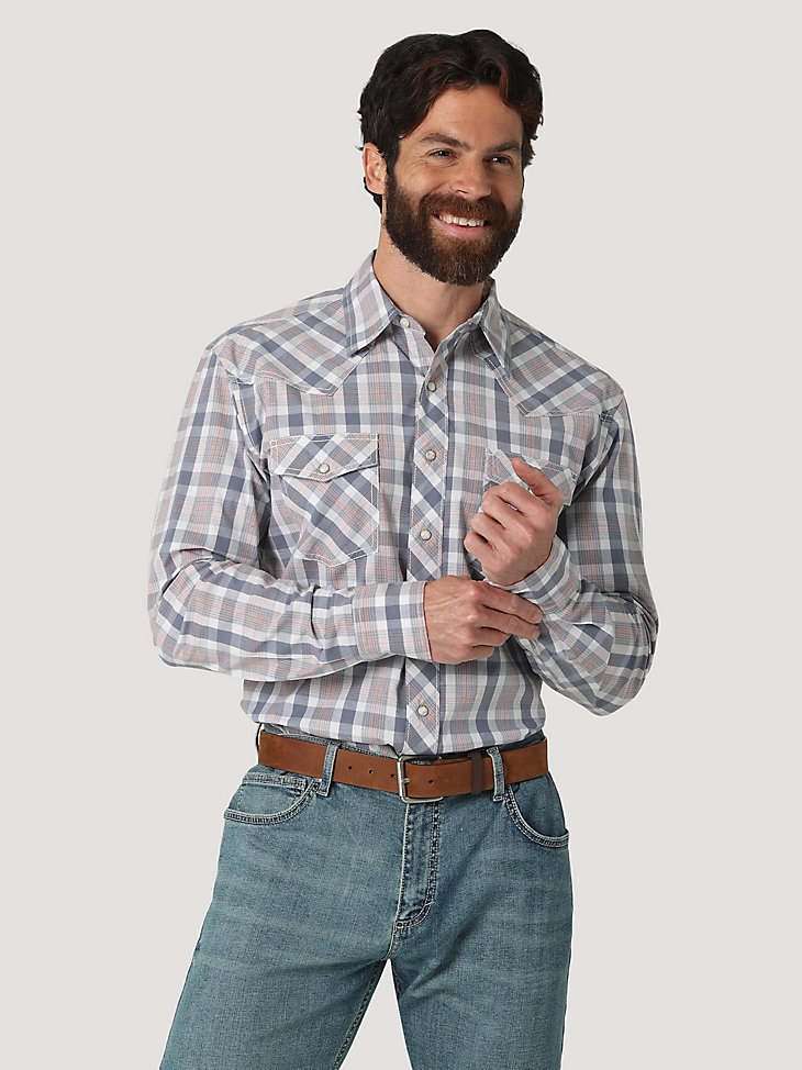Men's Wrangler® 20X® Competition Advanced Comfort Long Sleeve Two Pocket Western Snap Plaid Shirt in Dolphin main view