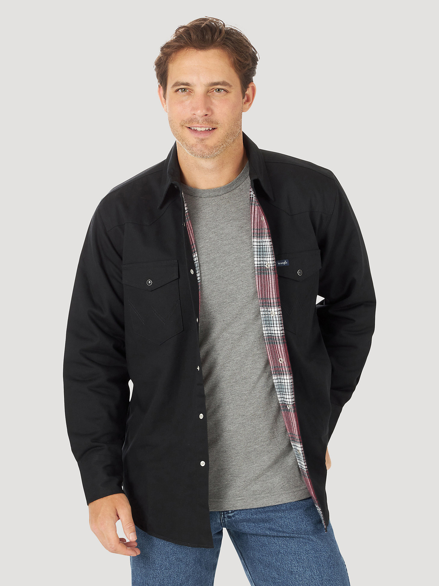 Men's Wrangler® Long Sleeve Flannel Lined Solid Work Shirt in Black/Burgundy alternative view 1