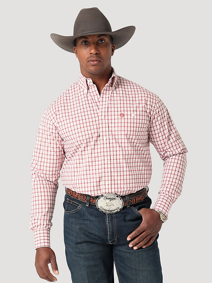 Men's George Strait Long Sleeve Button Down One Pocket Plaid Shirt in Brick Red Checks main view