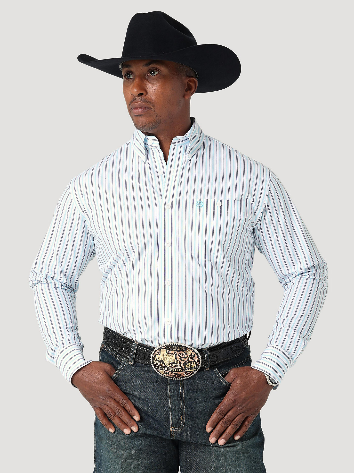 Men's George Strait Long Sleeve Button Down One Pocket Striped Shirt in Tranquil Blue main view