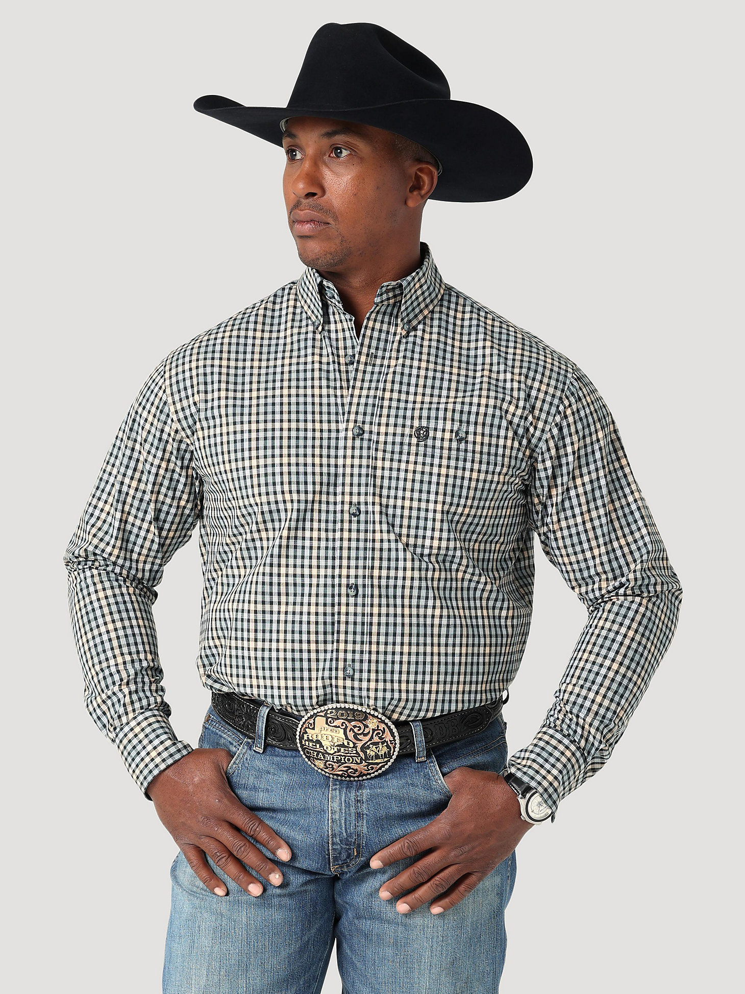 Men's George Strait Long Sleeve Button Down Two Pocket Plaid Shirt in Navy Sea main view