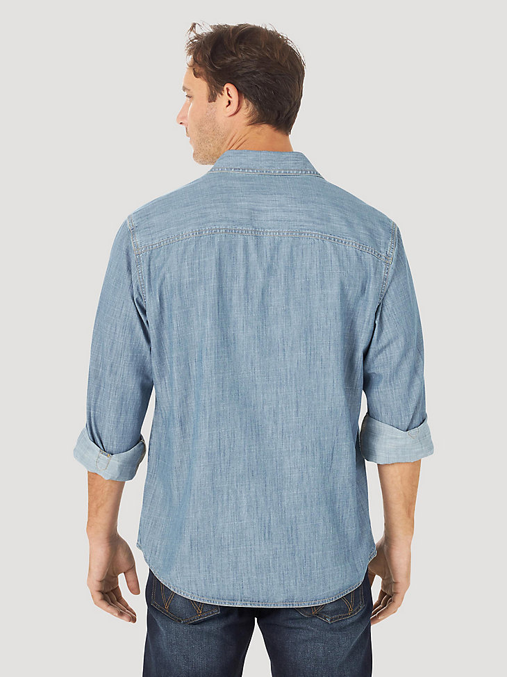 Men's Wrangler Retro® Premium Long Sleeve Button Down Denim Shirt in Denim alternative view