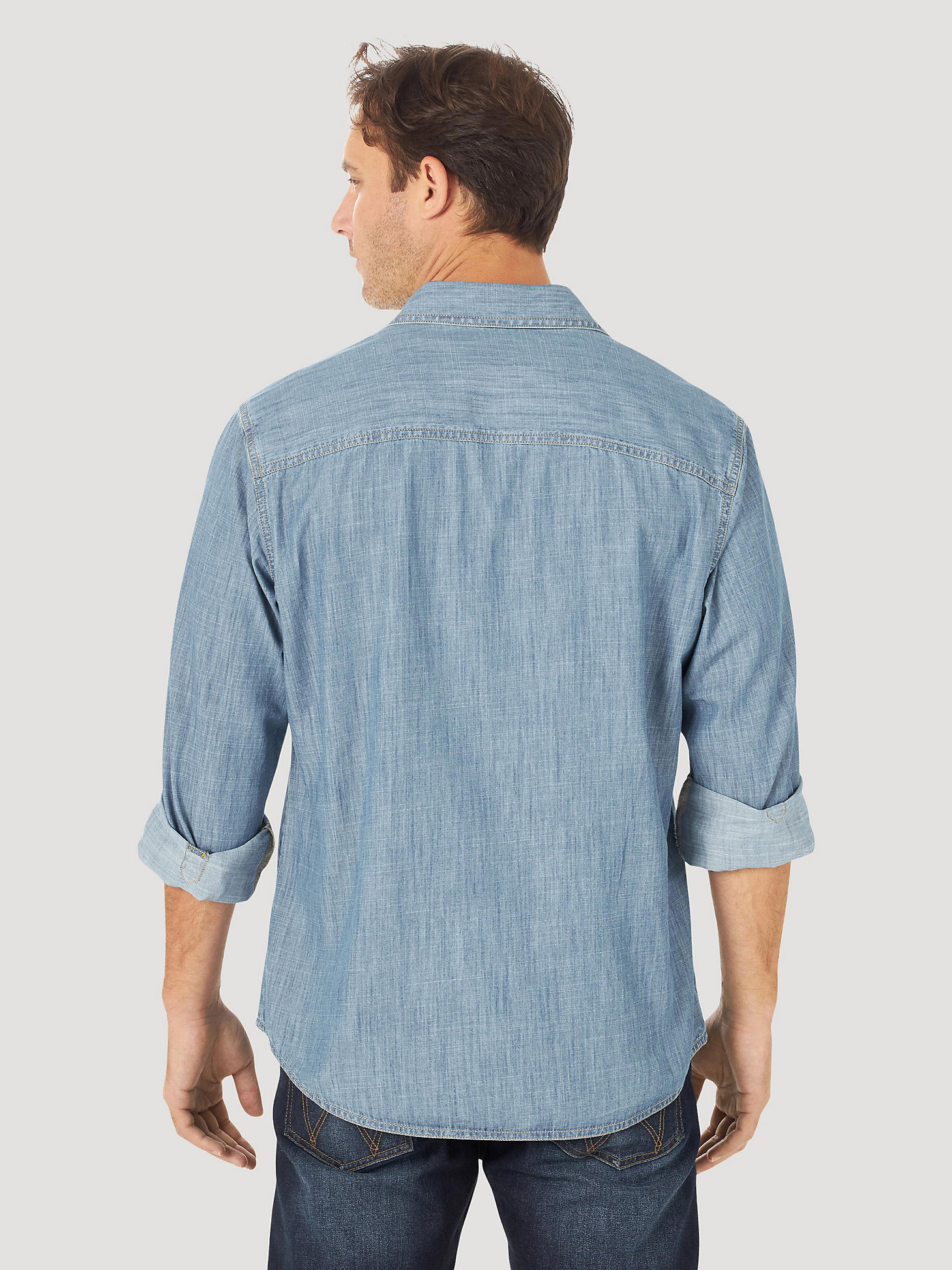 Men's Wrangler Retro® Premium Long Sleeve Button Down Denim Shirt in Denim alternative view 1