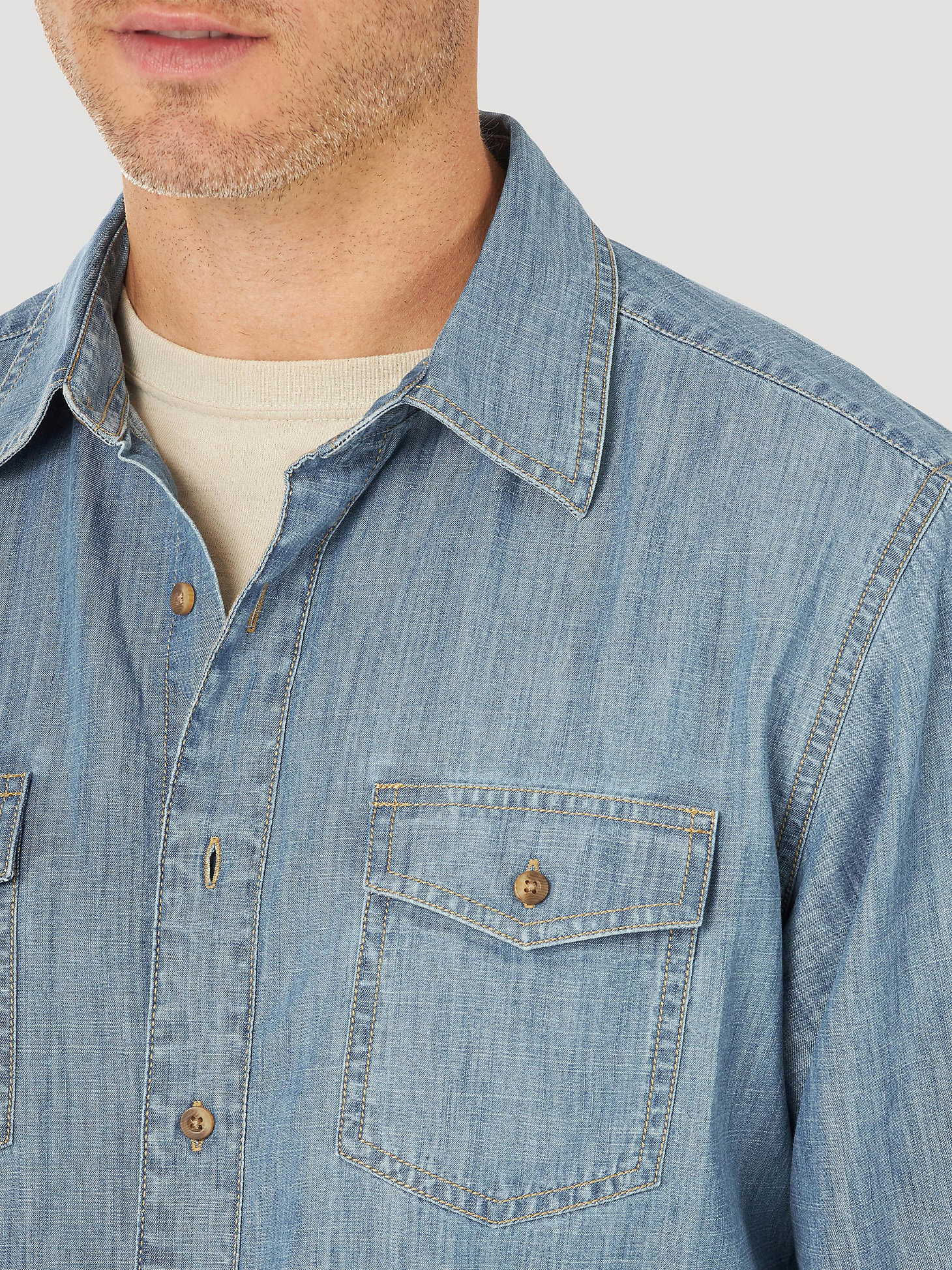 Men's Wrangler Retro® Premium Long Sleeve Button Down Denim Shirt in Denim alternative view 2