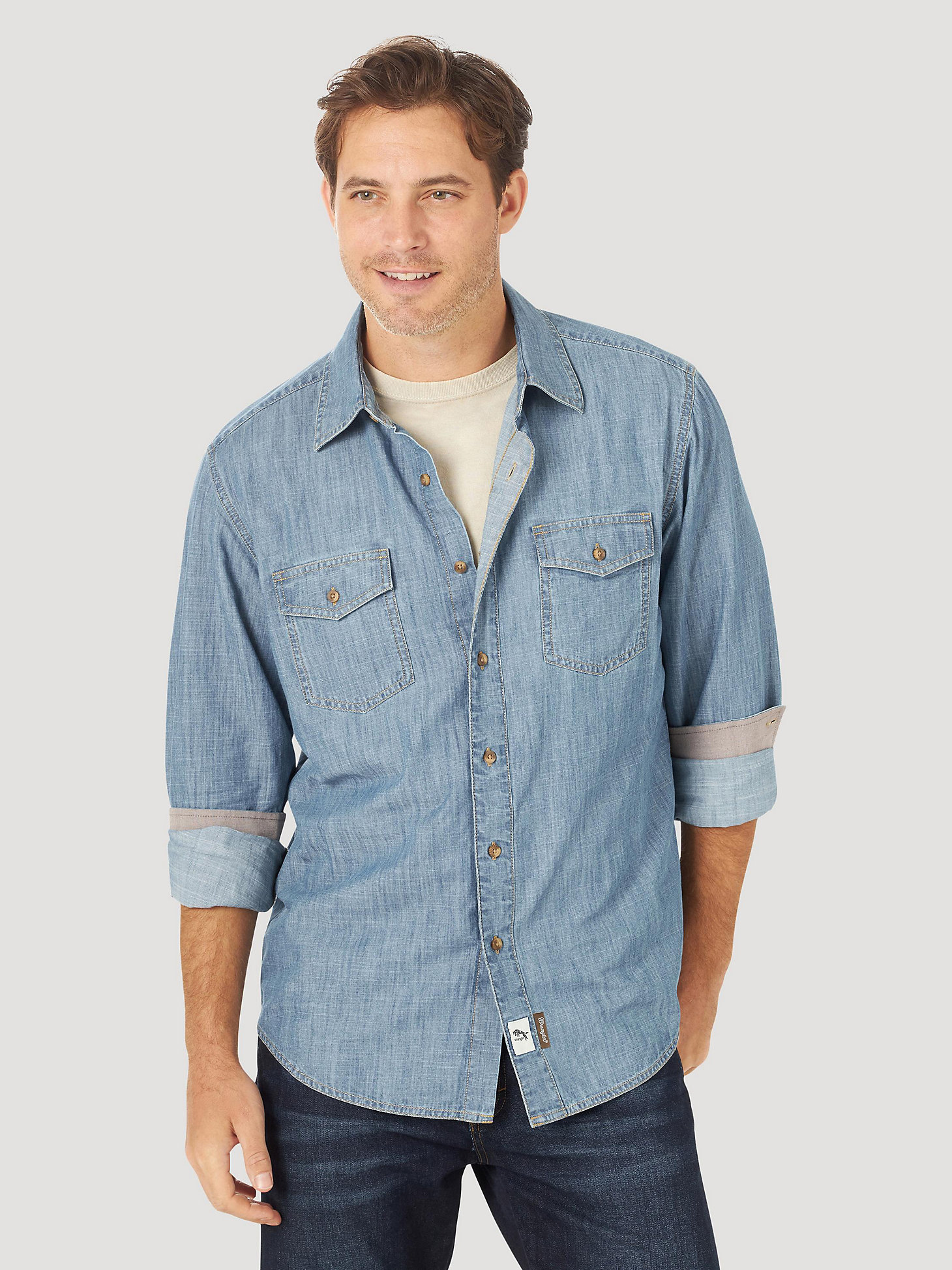 Men's Wrangler Retro® Premium Long Sleeve Button Down Denim Shirt in Denim main view