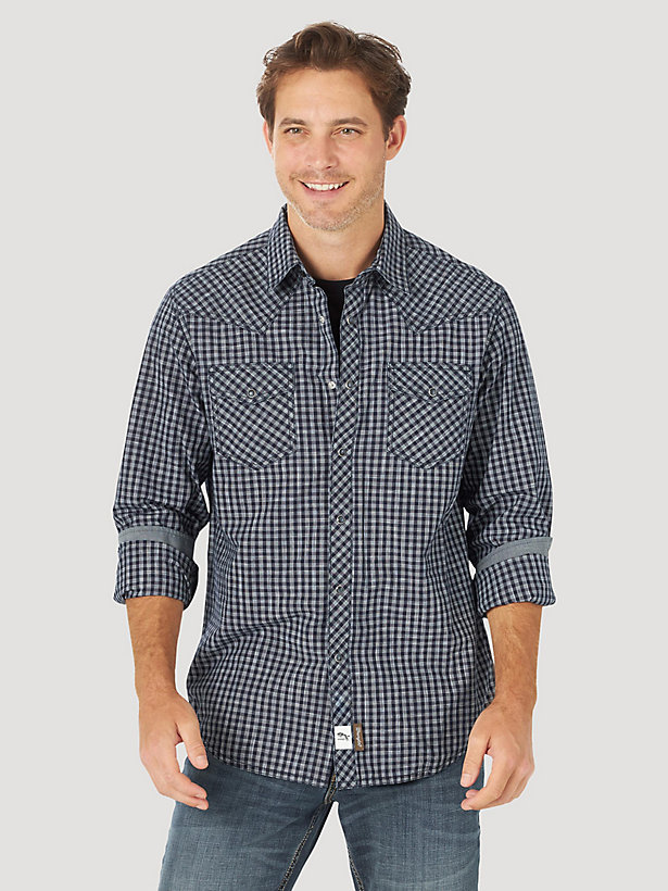 Men's Wrangler Retro® Premium Long Sleeve Western Snap Indigo Plaid Shirt