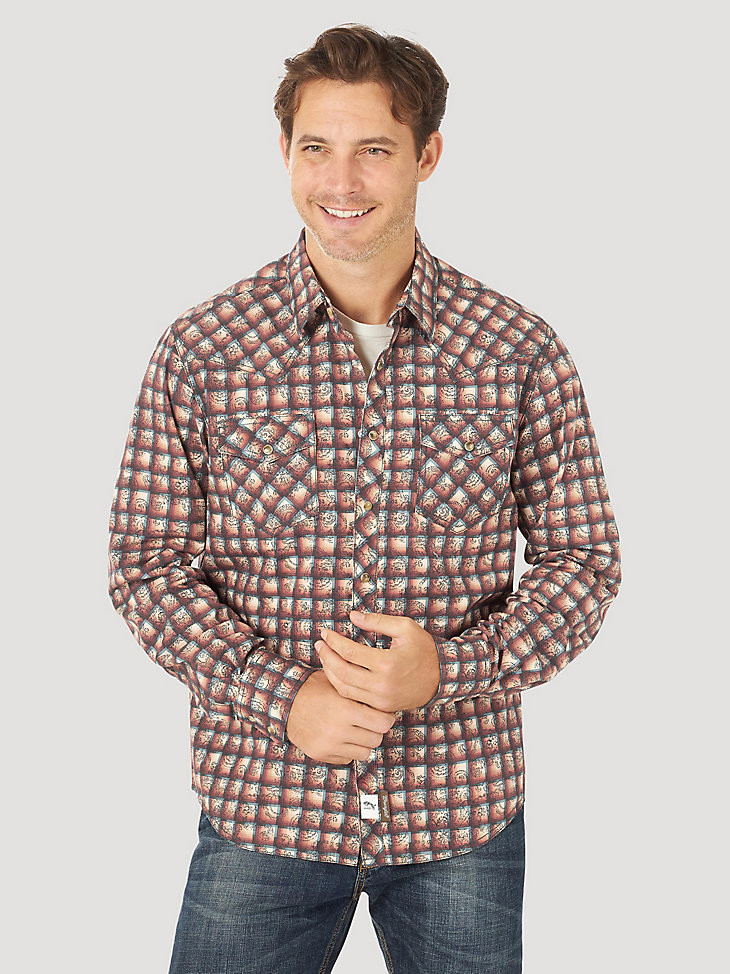 Men's Wrangler Retro® Premium Long Sleeve Western Snap Overprint Shirt in Ember main view