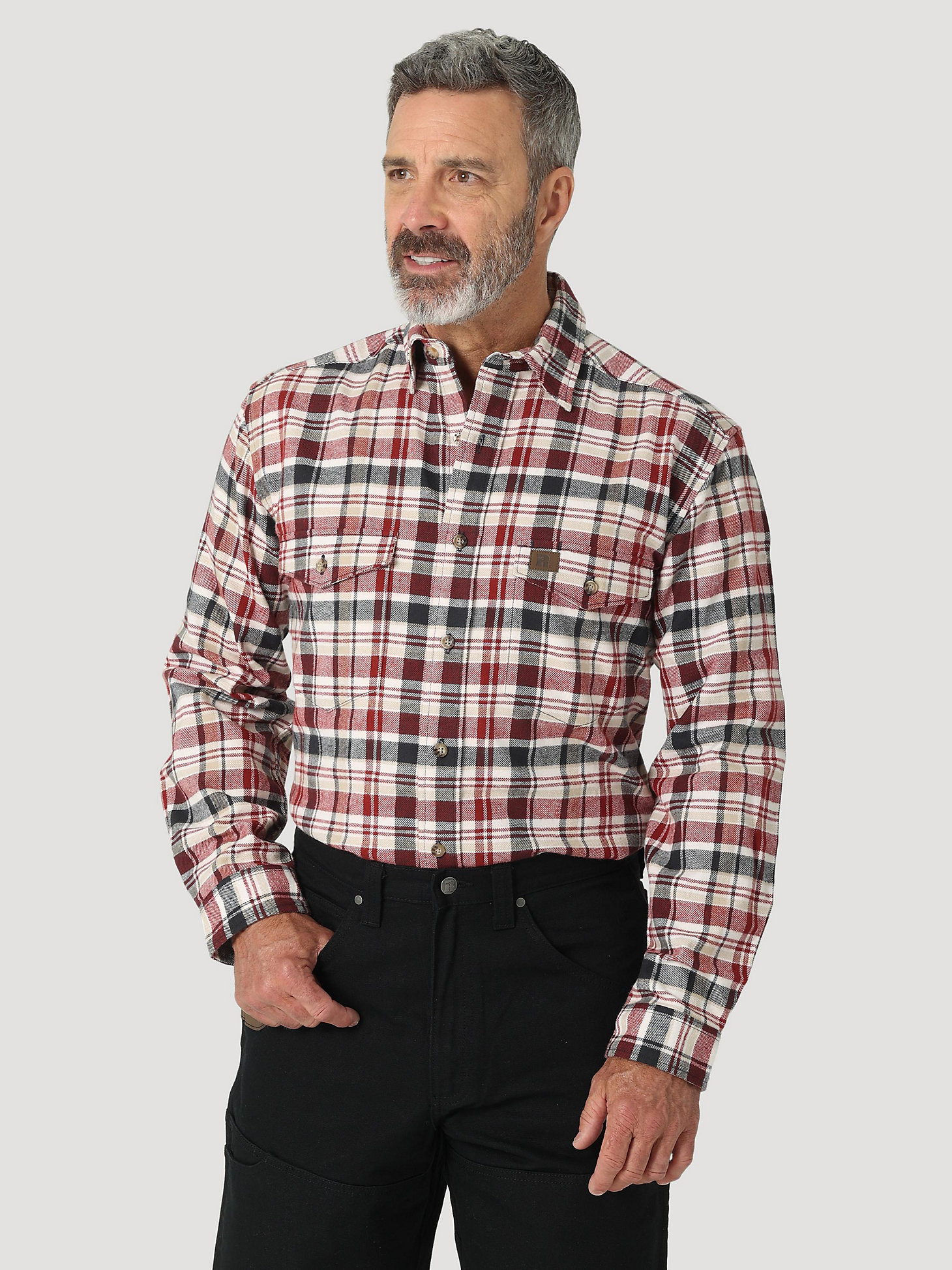 Men's Wrangler® RIGGS Workwear® Heavy Weight Flannel Button Down Plaid Work Shirt in Brick main view