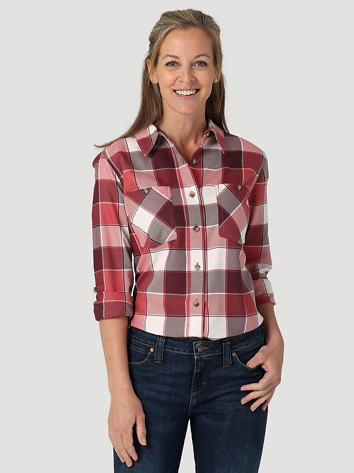 Women's Wrangler® RIGGS Workwear® Lightweight Flannel Plaid Work Shirt in Wine main view
