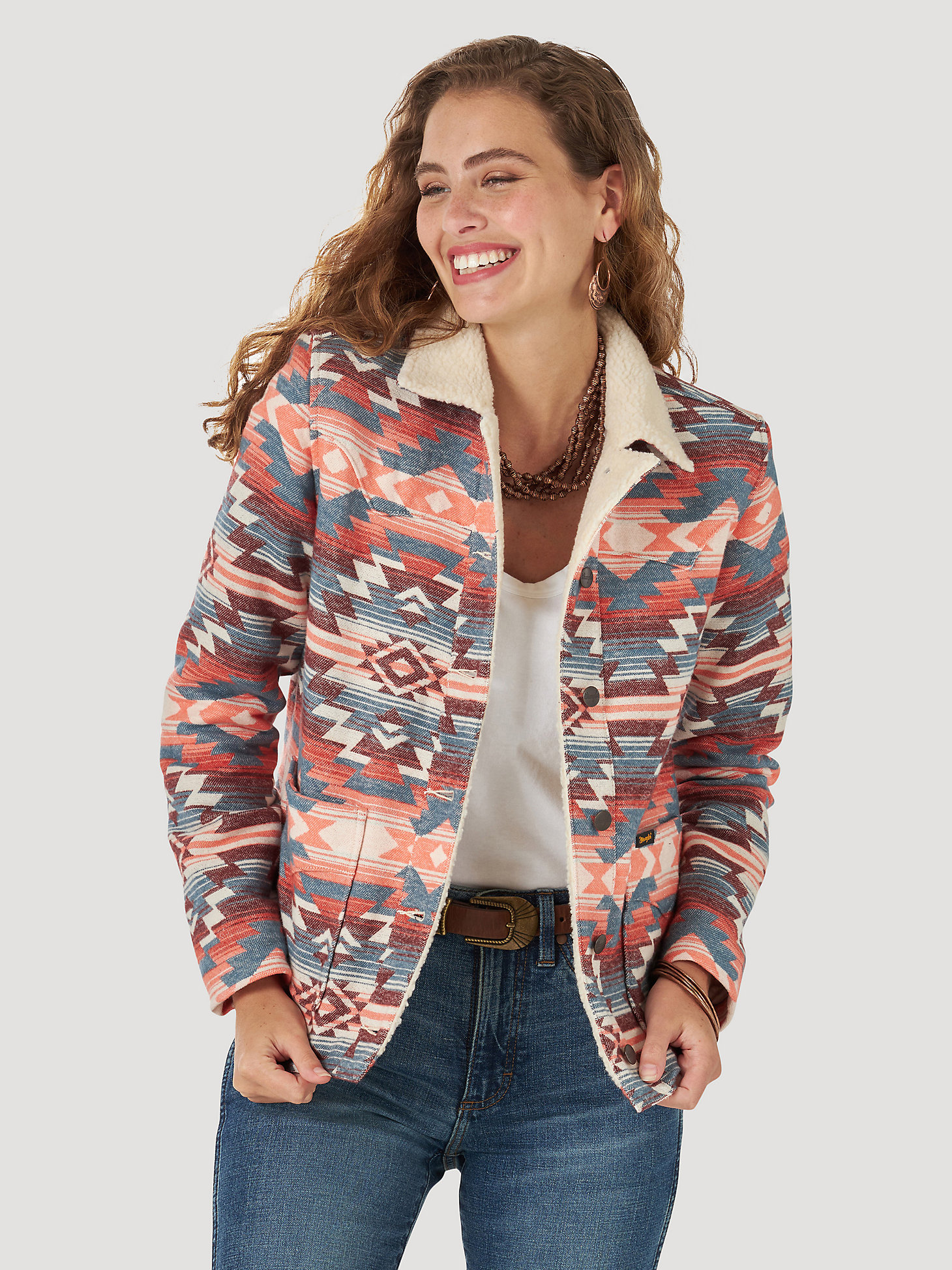 Women's Wrangler® Sherpa Lined Southwestern Print Jacket in multi main view