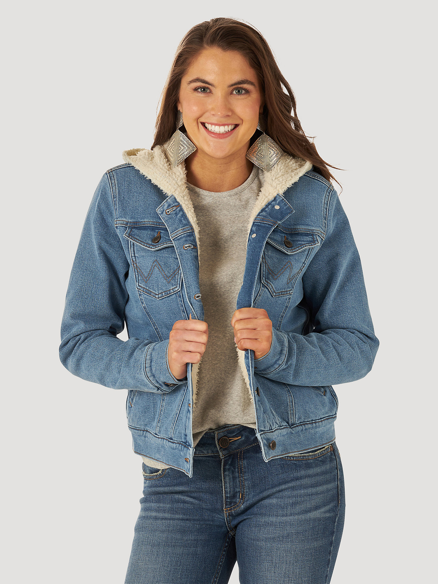 Women's Wrangler® Sherpa Lined Hooded Denim Jacket in denim alternative view 2