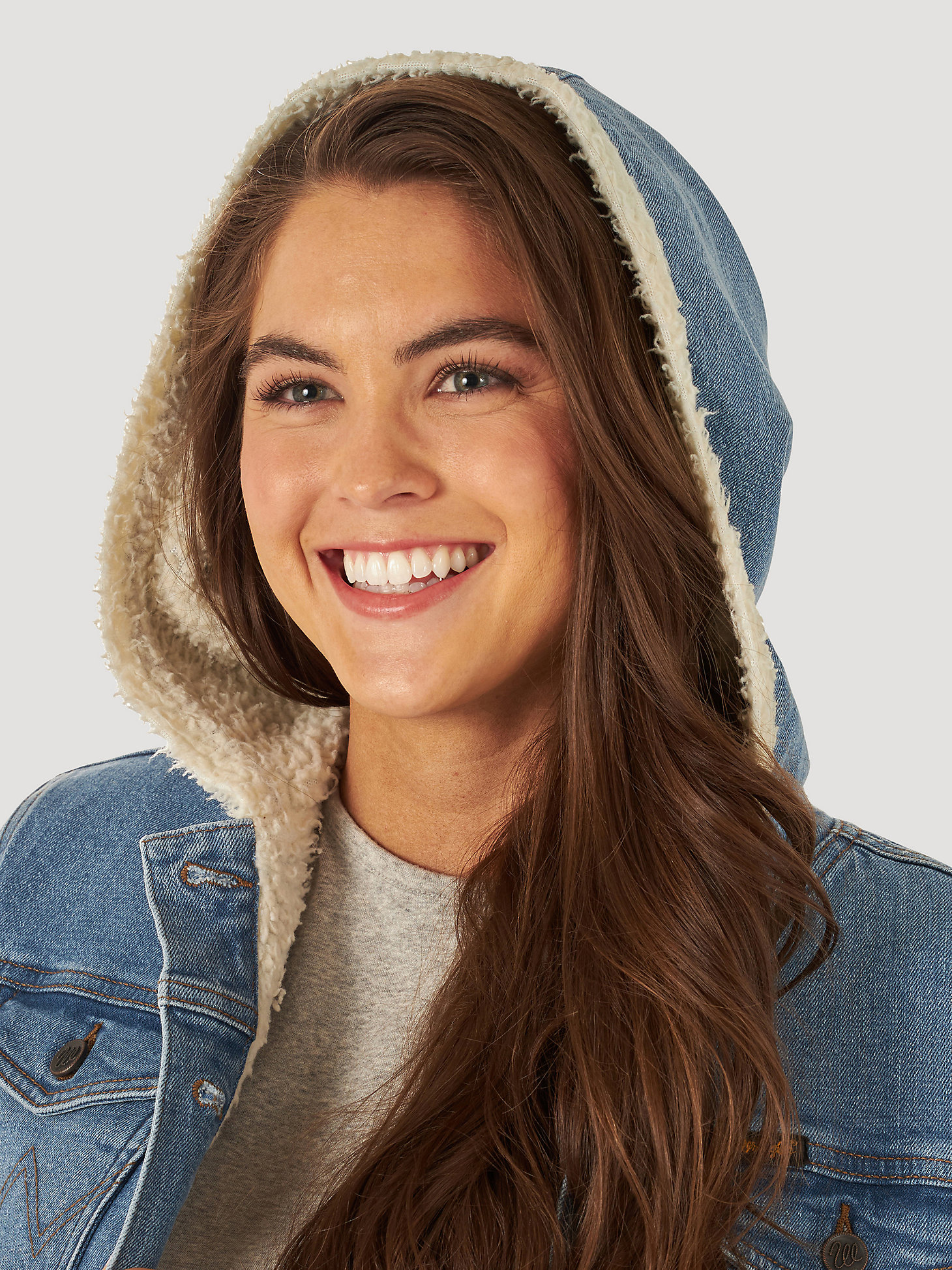 Women's Wrangler® Sherpa Lined Hooded Denim Jacket in denim alternative view 6