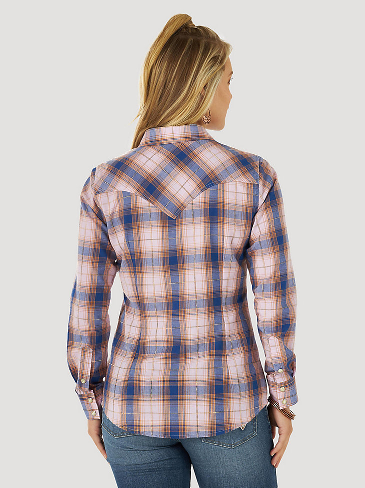 Women's Wrangler Retro® Plaid Western Snap Shirt in purple alternative view