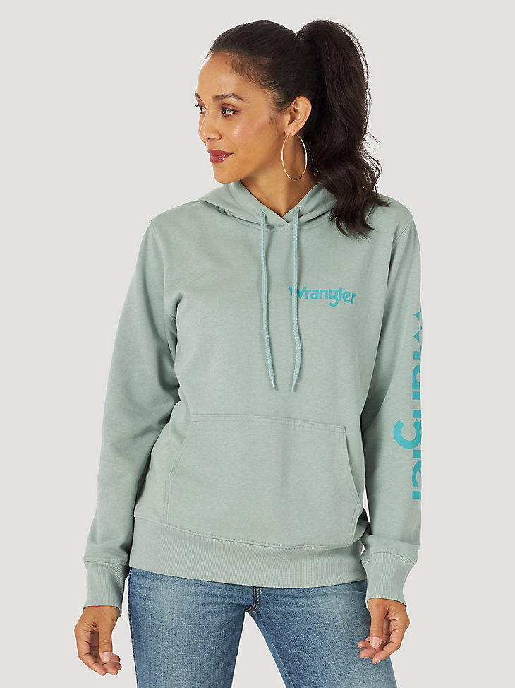 Womens Retro Logo Arm Pullover Hoodie in Blue Surf main view