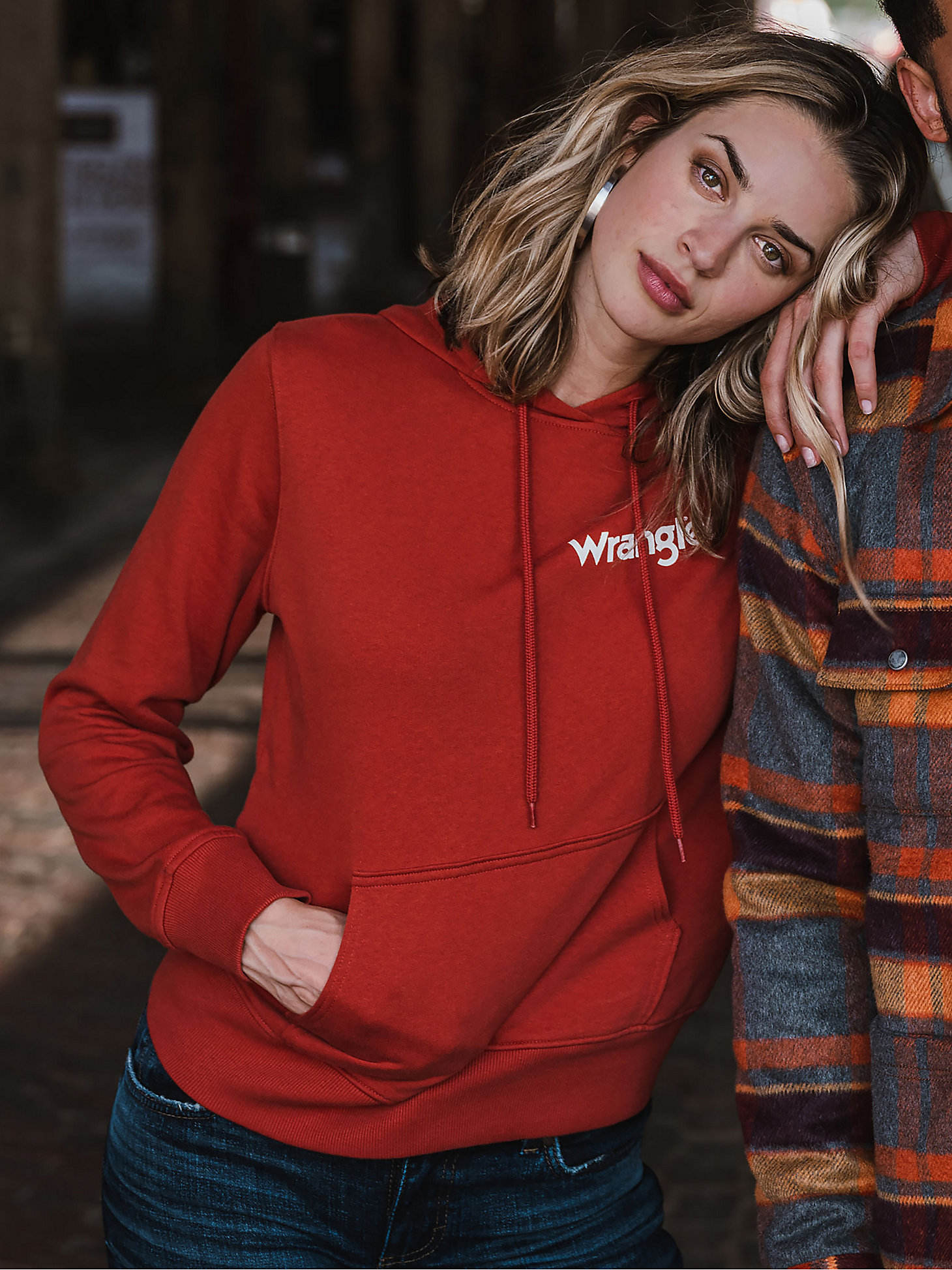 Womens Retro Logo Arm Pullover Hoodie in Rust main view