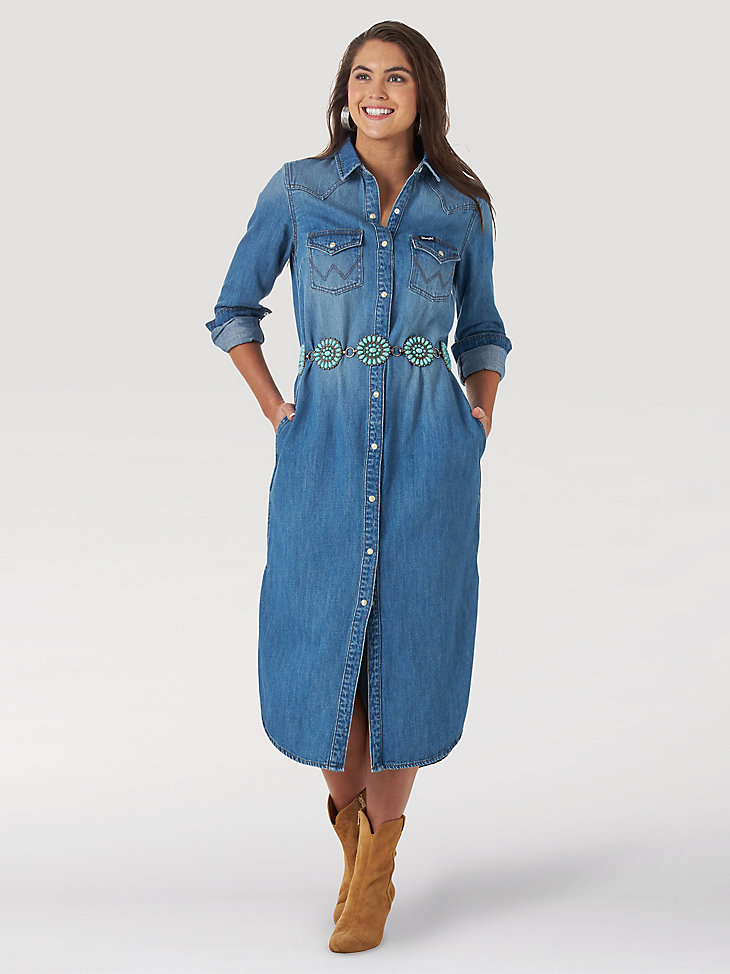 Women's Wrangler Retro® Long Sleeve Denim Midi Dress in denim main view