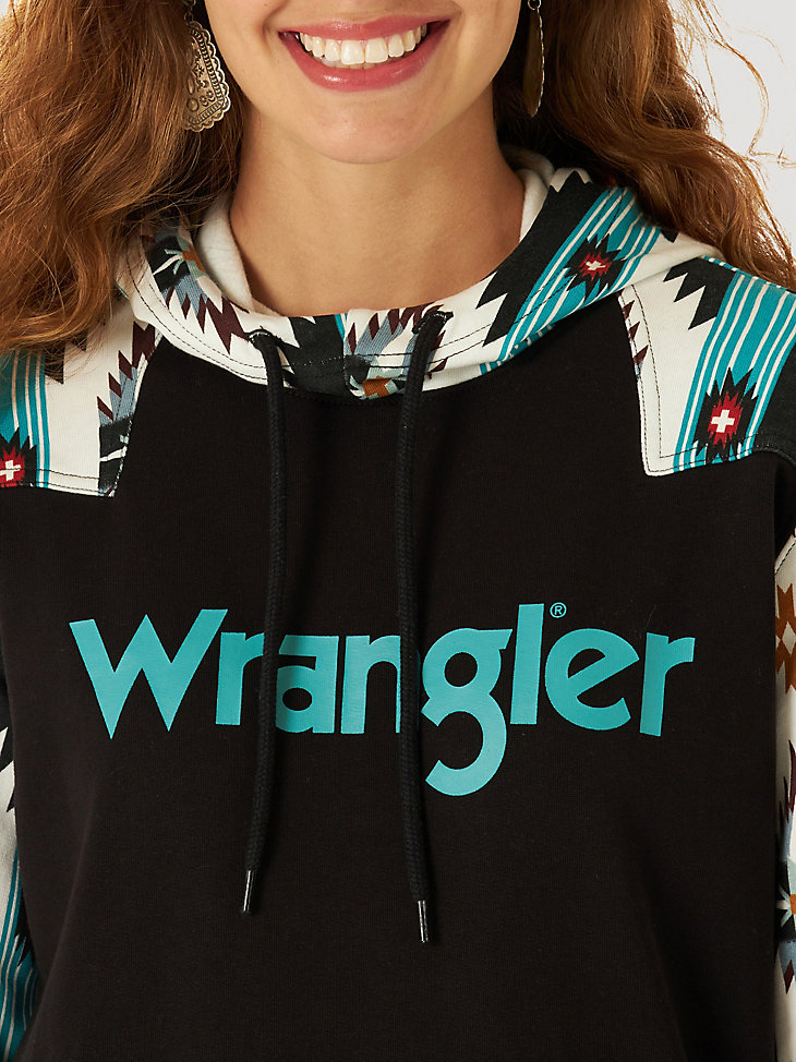 Women's Wrangler Retro® Logo Southwestern Yoke Pullover Hoodie in black alternative view 2