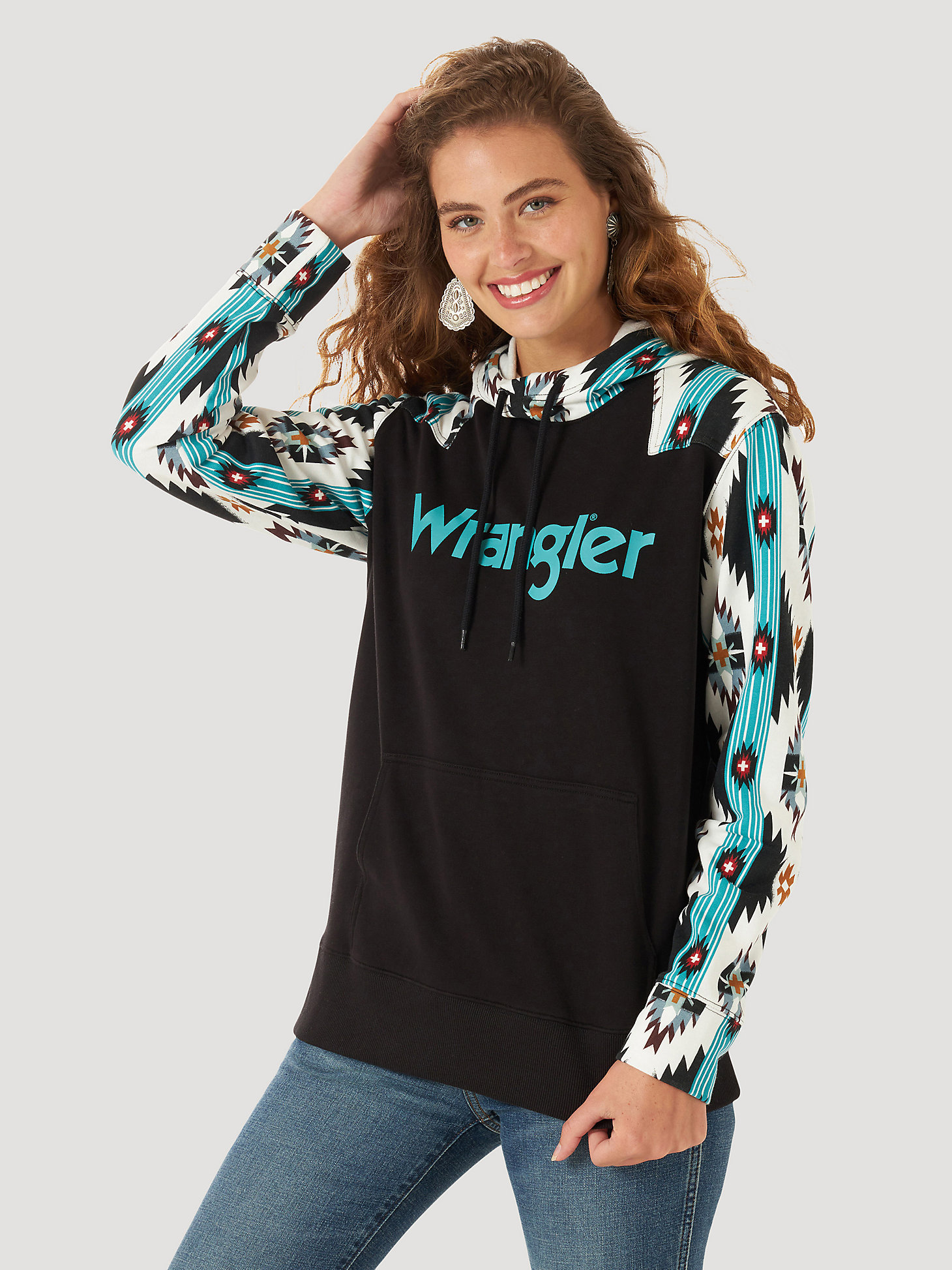 Women's Wrangler Retro® Logo Southwestern Yoke Pullover Hoodie in black main view