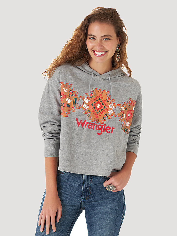 Women's Wrangler Retro® Southwestern Cropped Pullover Hoodie in heather grey main view