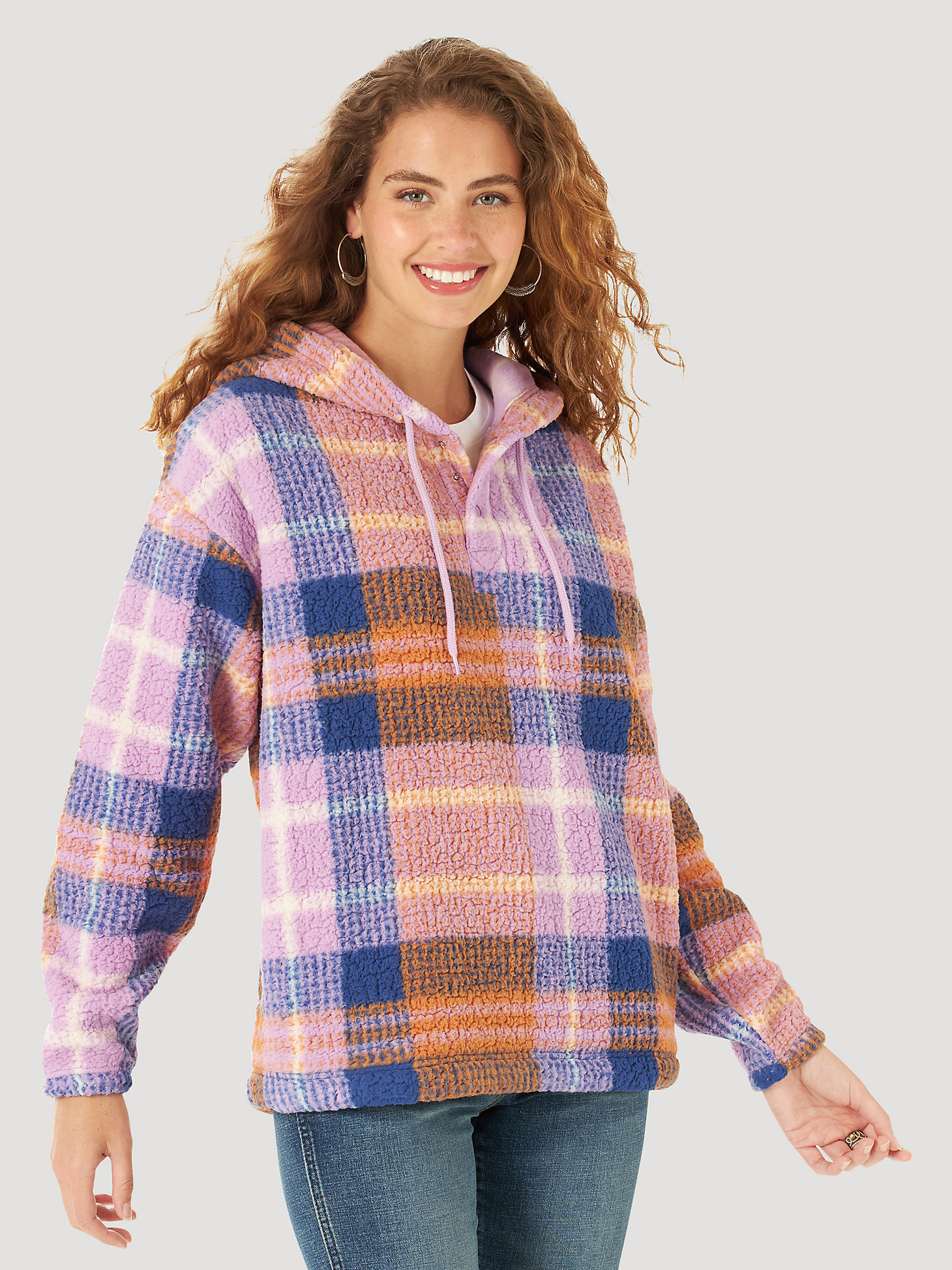 Women's Wrangler Retro® Pop Sherpa Pullover Hoodie in plaid multi main view