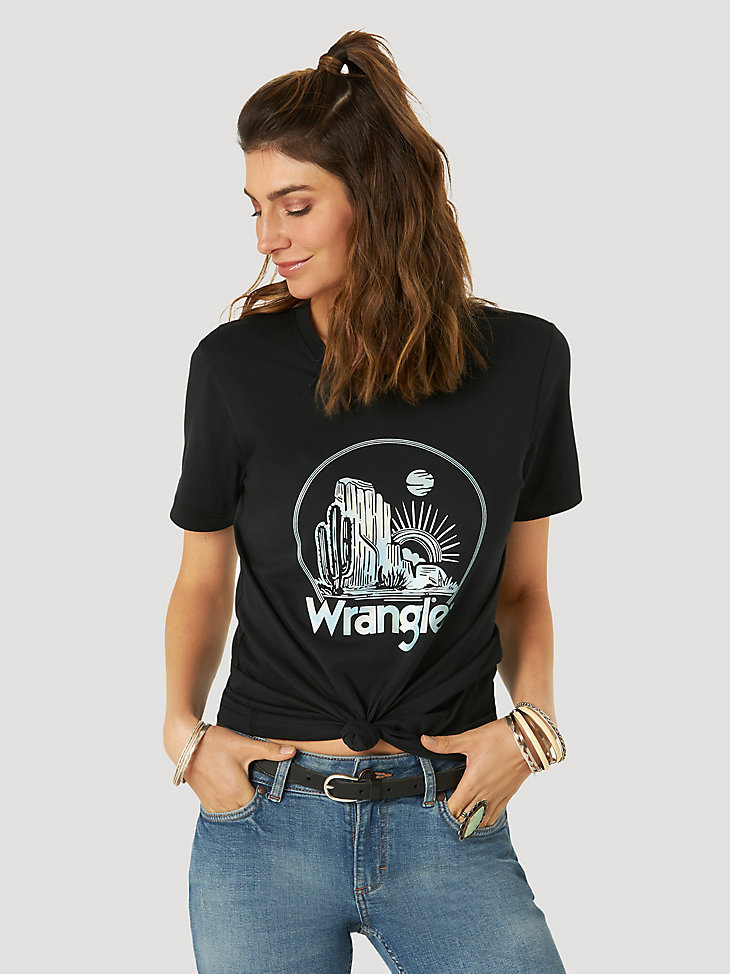Women's Wrangler Short Sleeve Watercolor Desert Graphic Tee in Washed Black main view