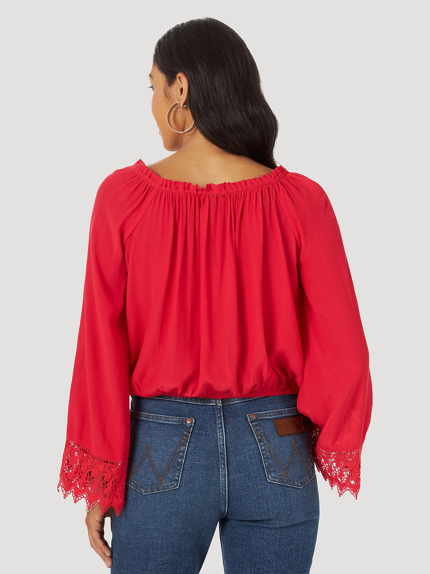 Women's Wrangler Retro® Long Sleeve Crochet Lace Blouse in red alternative view 1