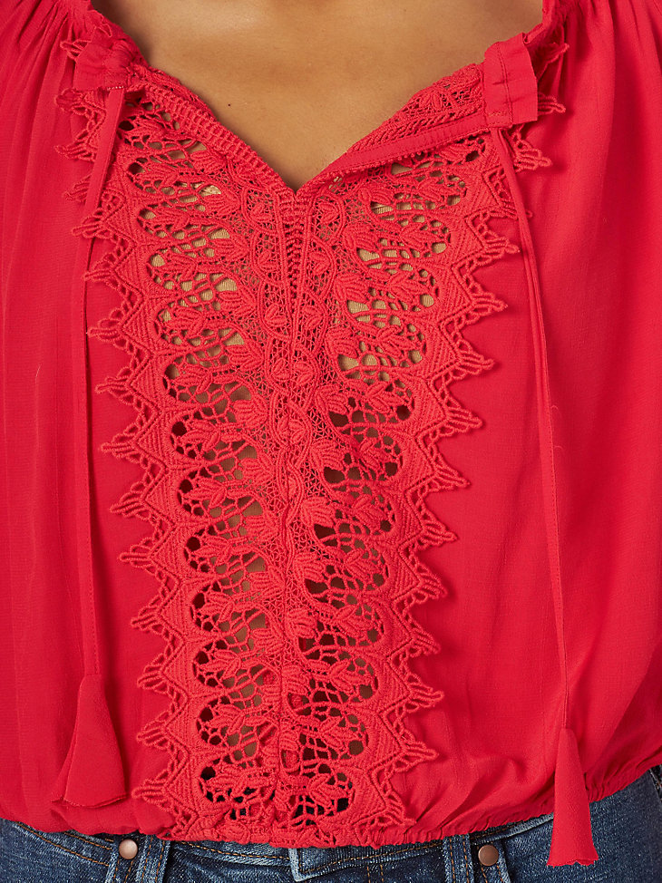 Women's Wrangler Retro® Long Sleeve Crochet Lace Blouse in red alternative view 2