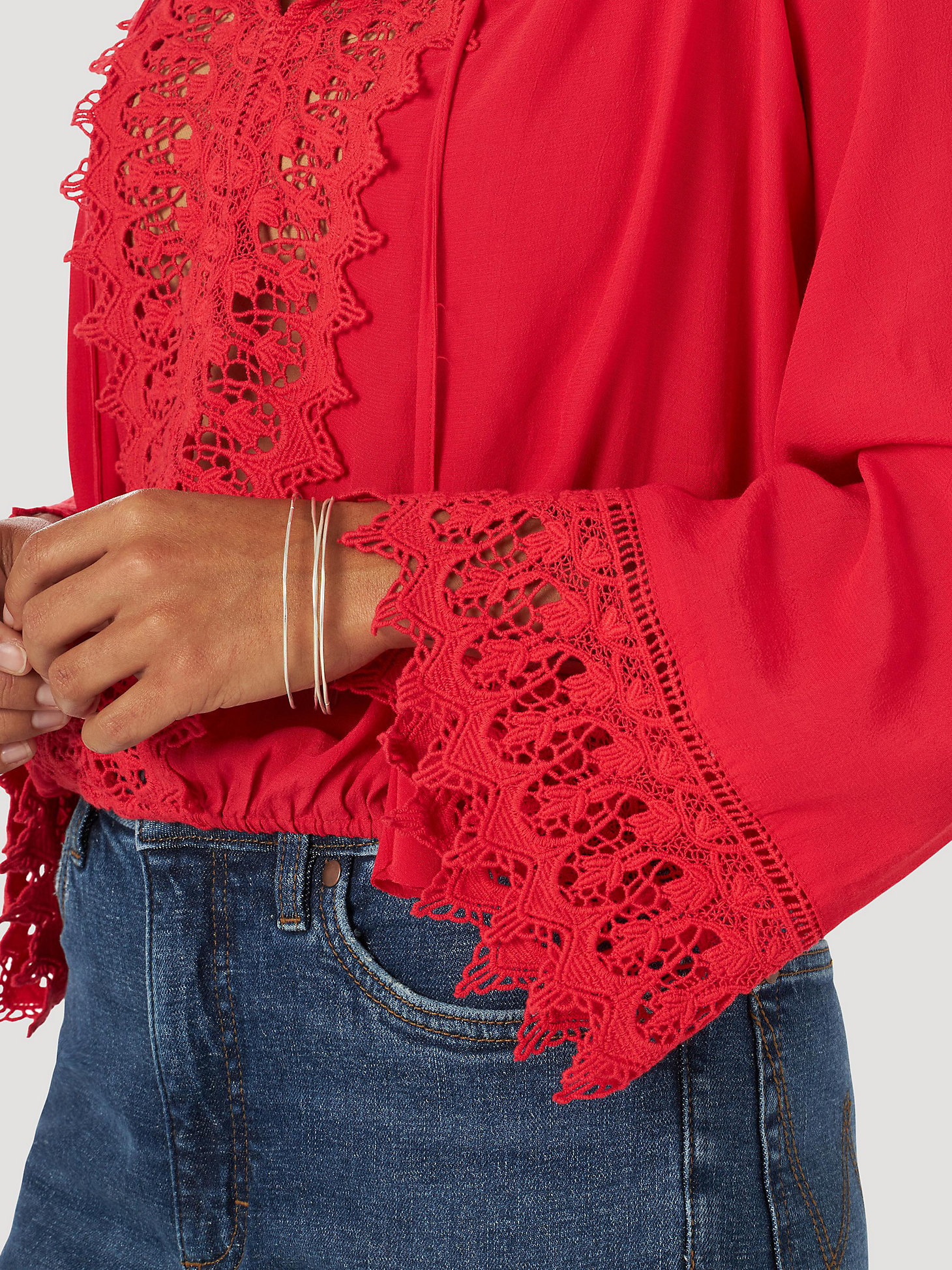 Women's Wrangler Retro® Long Sleeve Crochet Lace Blouse in red alternative view 3