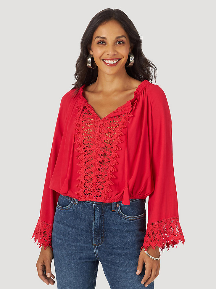 Women's Wrangler Retro® Long Sleeve Crochet Lace Blouse in red main view
