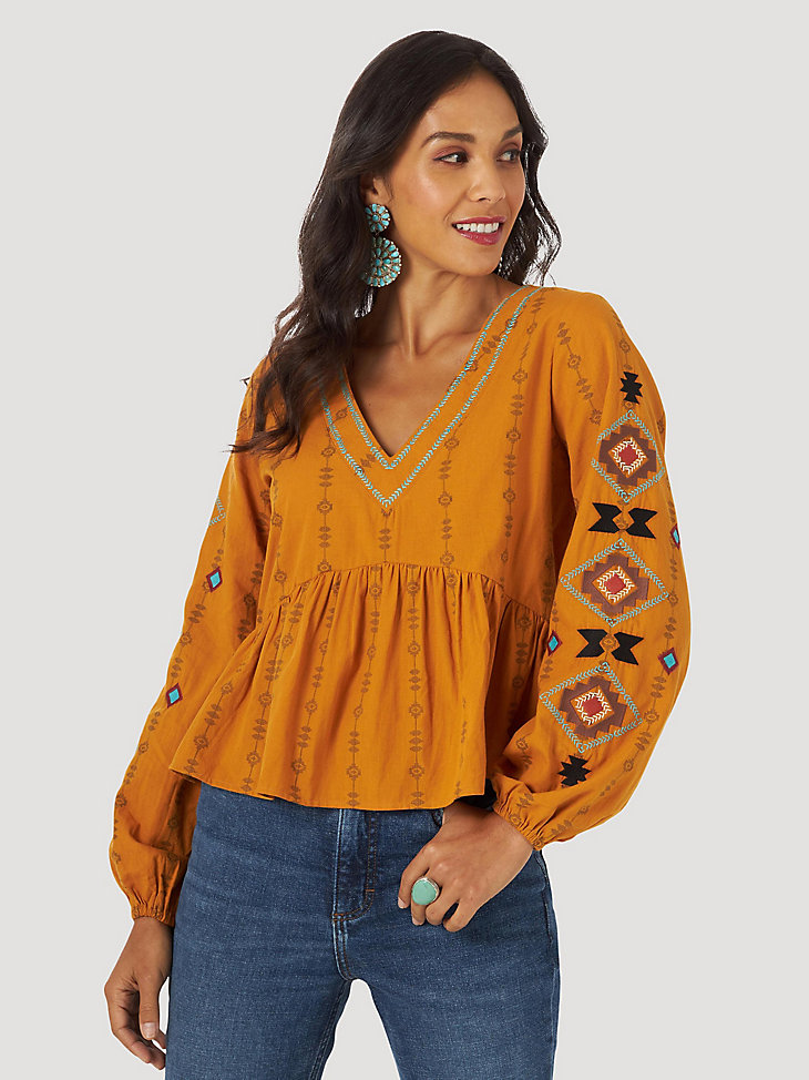 Women's Wrangler Retro® Embroidered V Neck Peasant Blouse in yellow main view