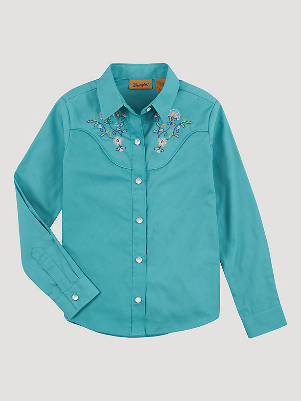 Girl's Fancy Embroidered Yoke Long Sleeve Western Snap Shirt in Teal