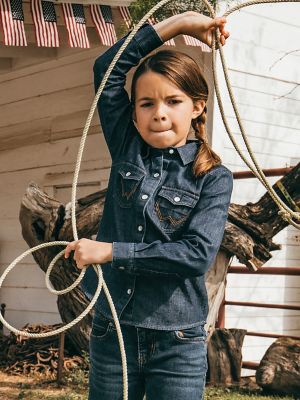 Girl's Long Sleeve Embroidered Western Snap Denim Shirt | Girls GIRLS |  Wrangler®