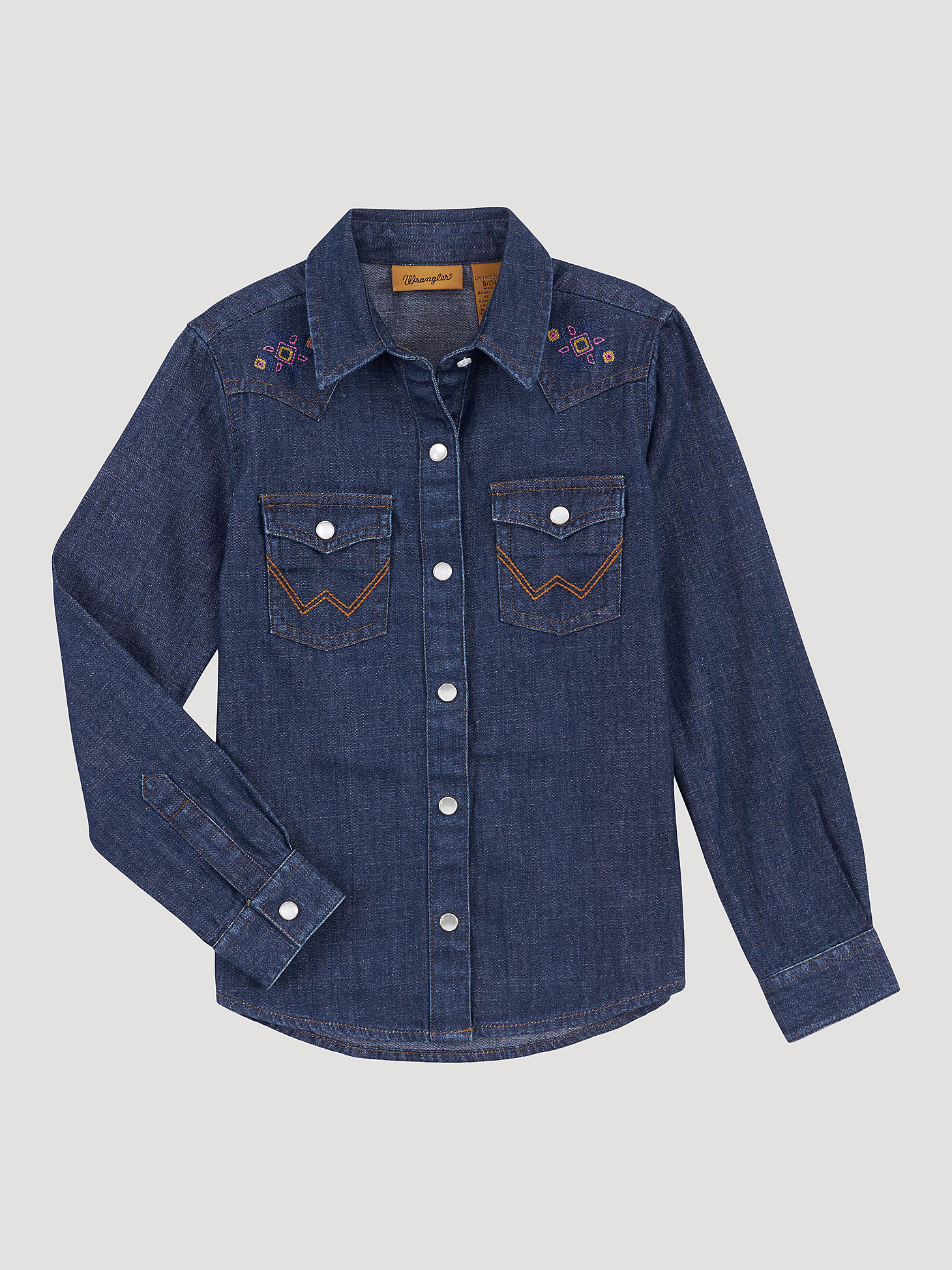 Girl's Long Sleeve Embroidered Western Snap Denim Shirt in Blue Denim alternative view 2