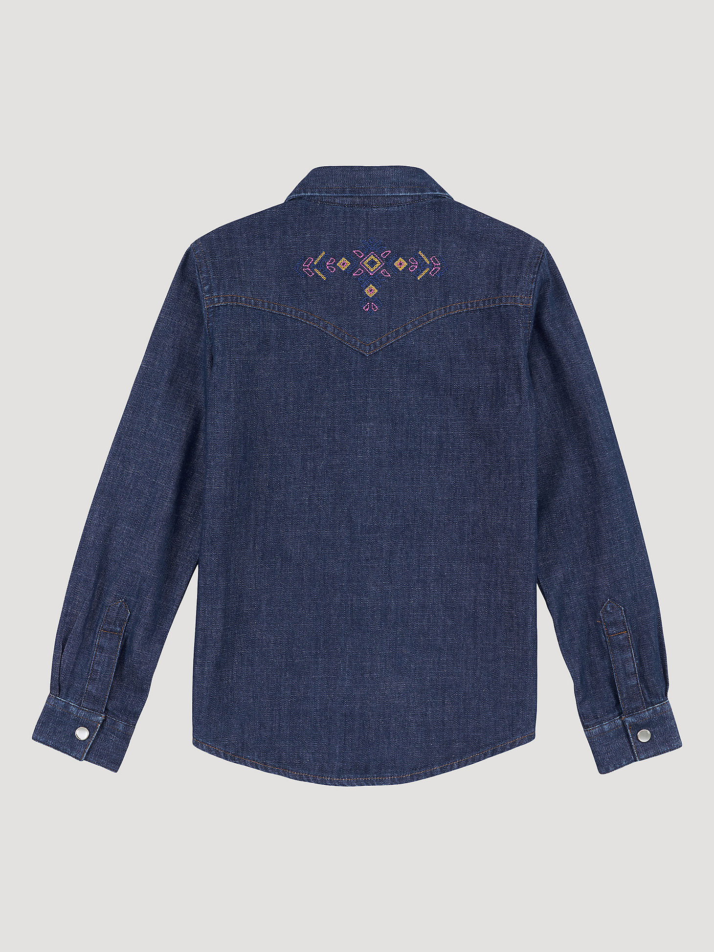 Girl's Long Sleeve Embroidered Western Snap Denim Shirt in Blue Denim alternative view 3