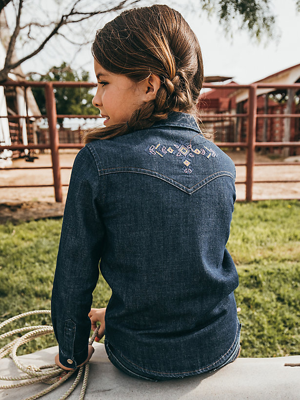 Girl's Long Sleeve Embroidered Western Snap Denim Shirt in Blue Denim