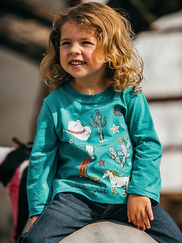 Girl's Long Sleeve Western Symbols Graphic T-Shirt in Teal