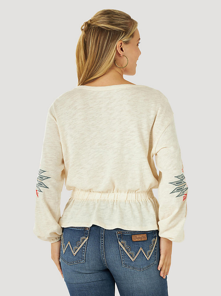 Women's Wrangler Retro®Gathered Waist Embroidered Sleeve Top in oatmeal heather alternative view