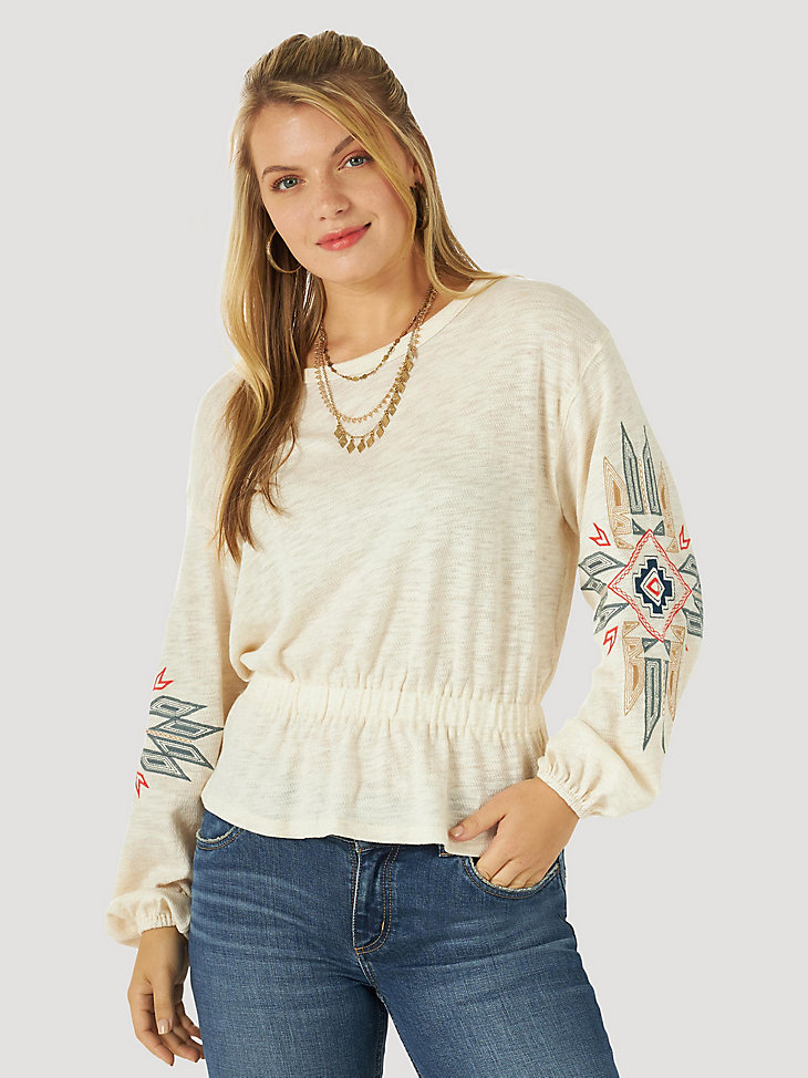 Women's Wrangler Retro®Gathered Waist Embroidered Sleeve Top in oatmeal heather main view