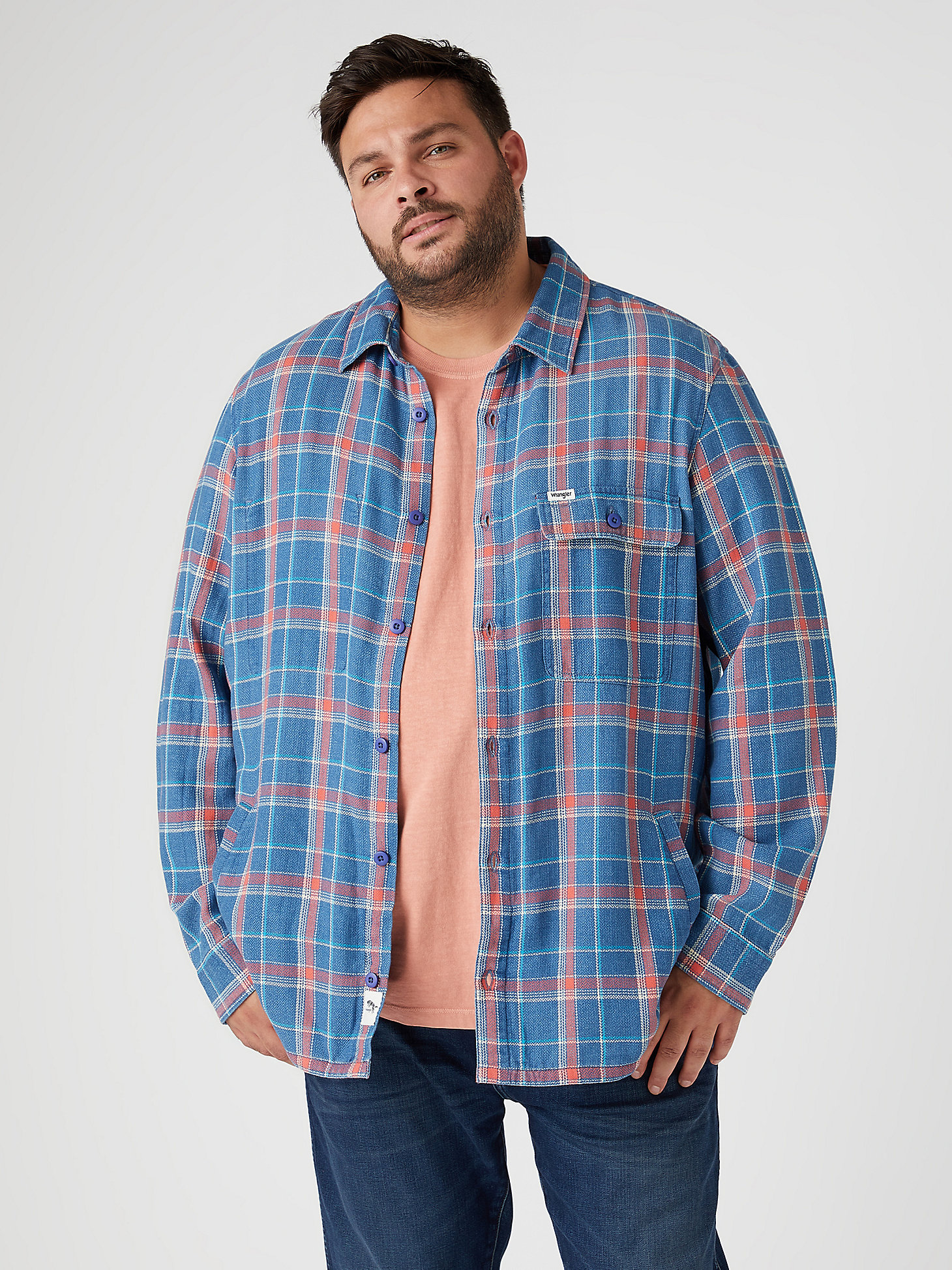 Men's Wrangler® Plaid Overshirt in Flamingo Orange main view