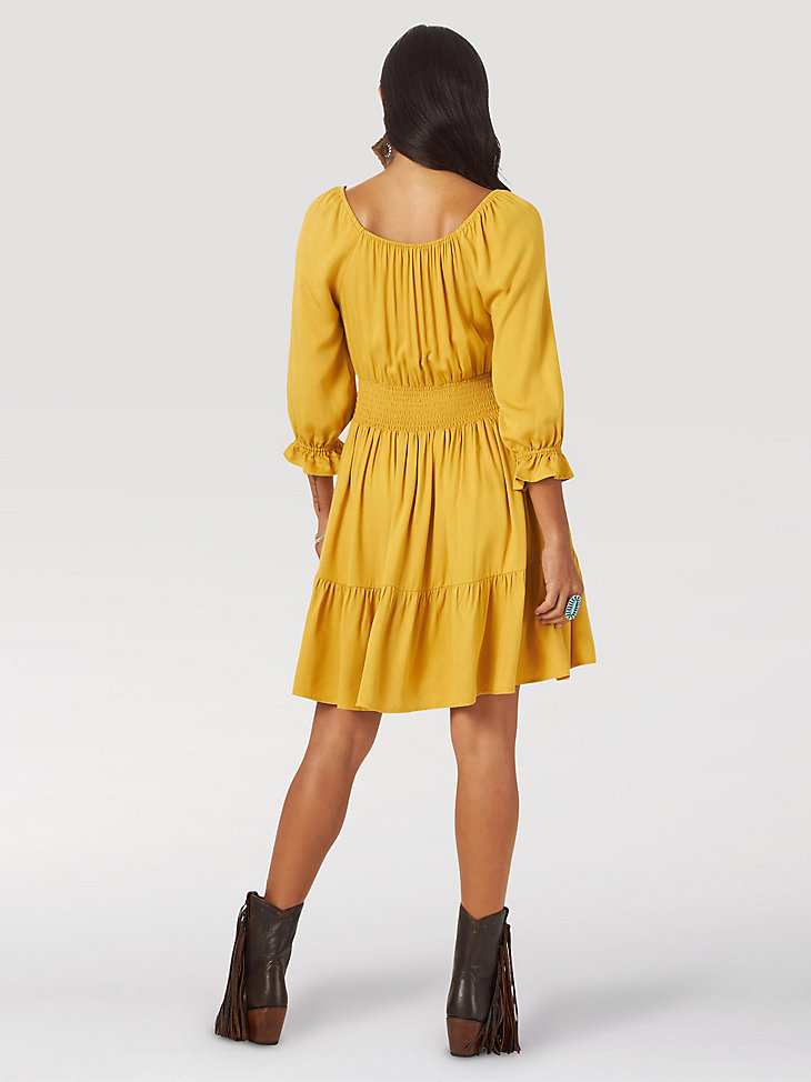 Women's Wrangler Retro® Smocked Waist Three Quarter Sleeve Peasant Dress in yellow alternative view
