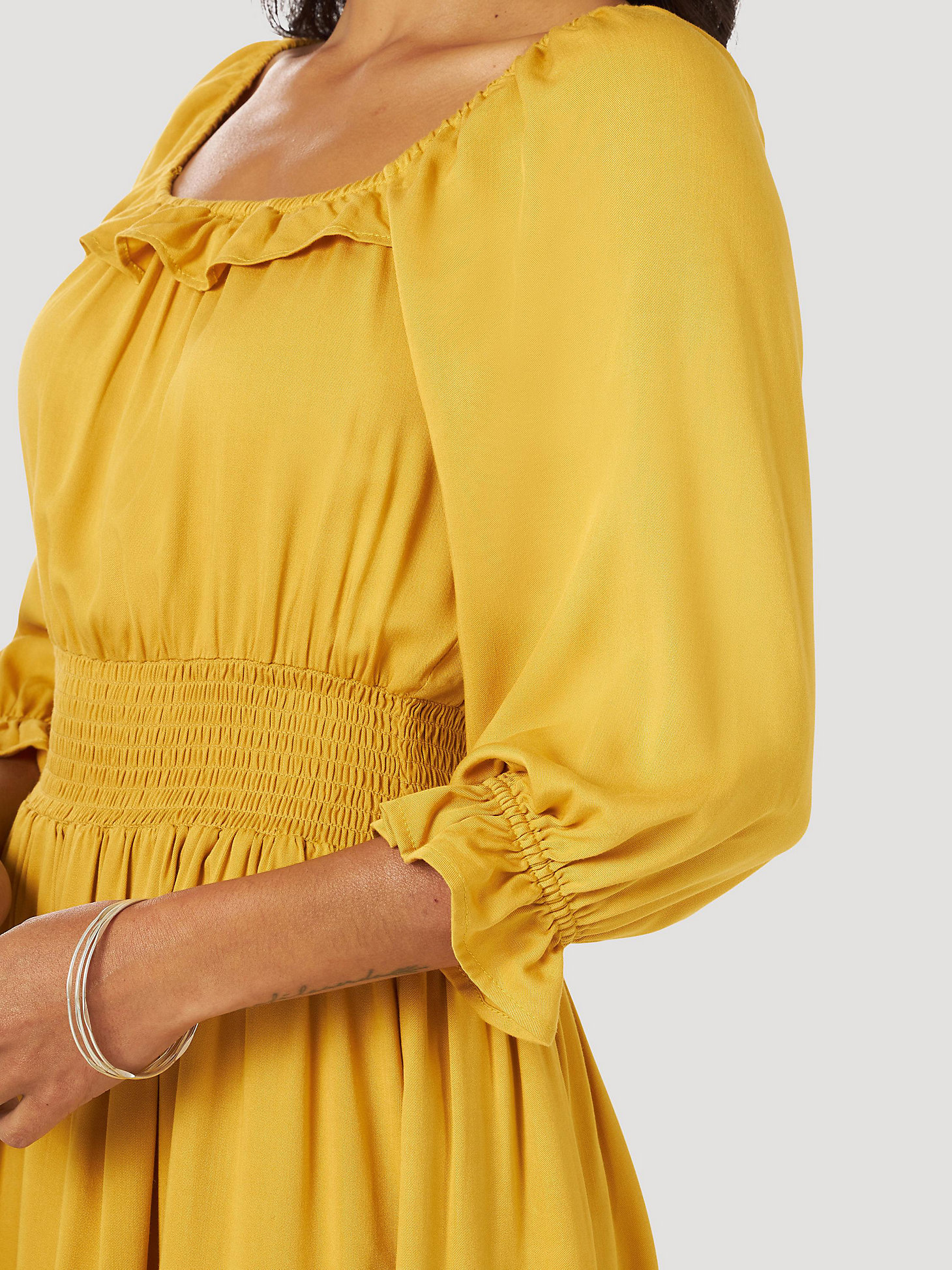 Women's Wrangler Retro® Smocked Waist Three Quarter Sleeve Peasant Dress in yellow alternative view 2