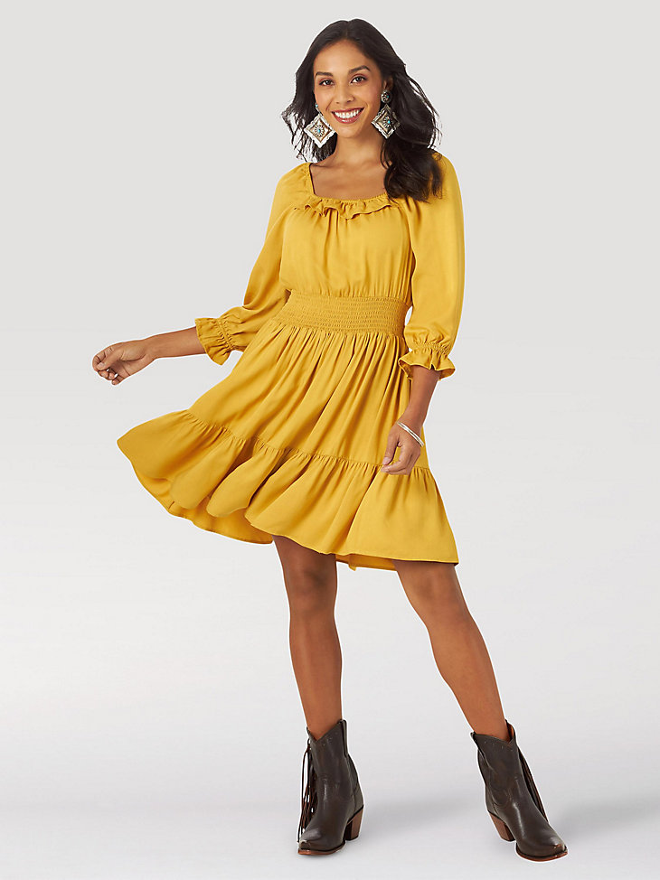Women's Wrangler Retro® Smocked Waist Three Quarter Sleeve Peasant Dress in yellow main view