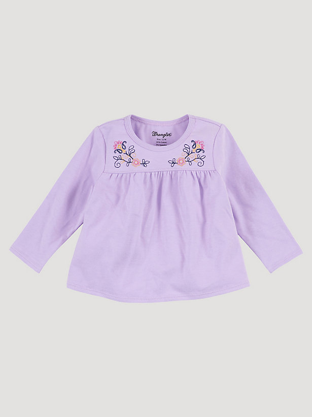 Little Girl's Embroidered Yoke Long Sleeve Top in Purple