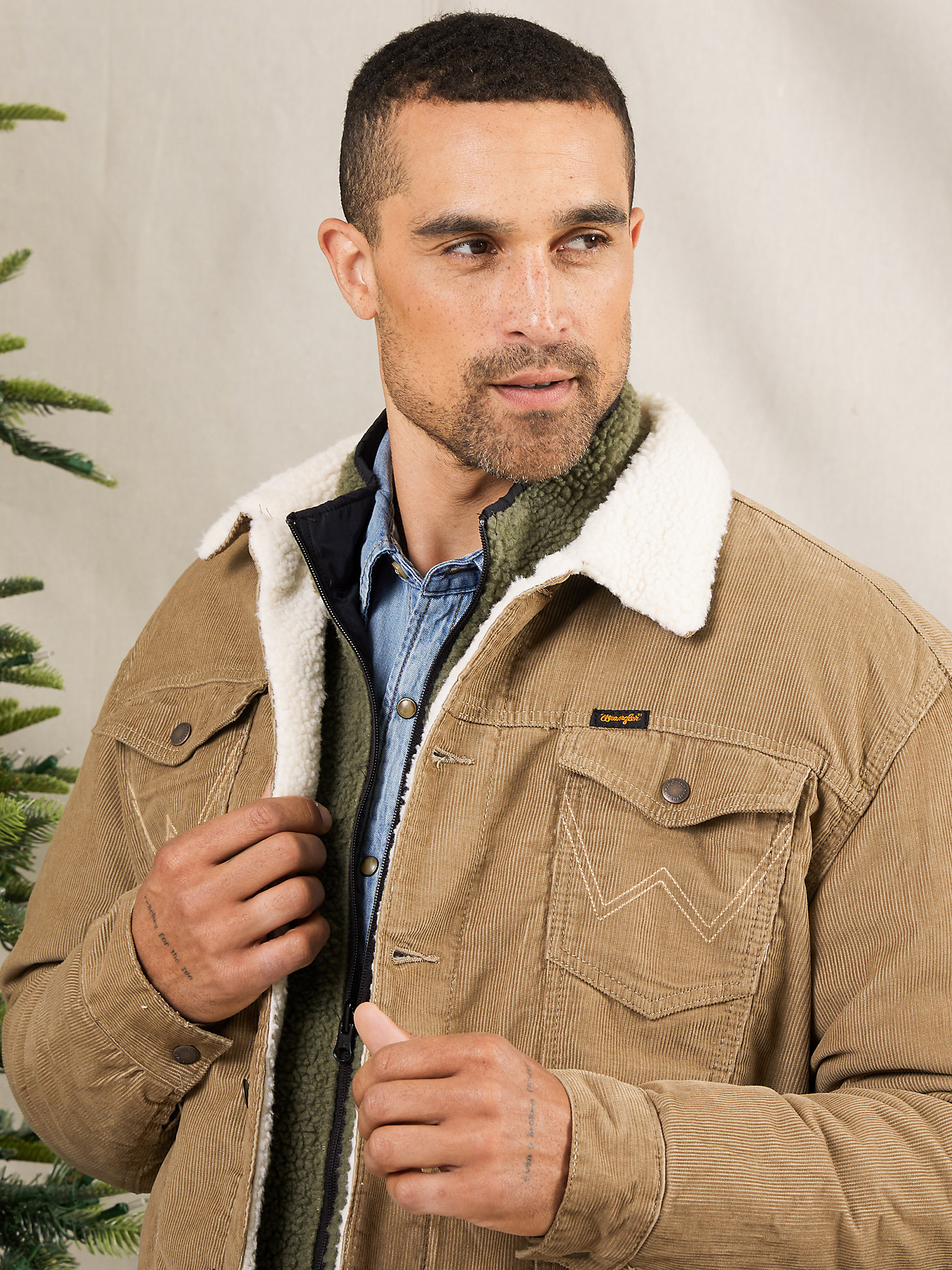 Men's Wrangler® Sherpa Lined Corduroy Jacket in Sepia Tint alternative view 1