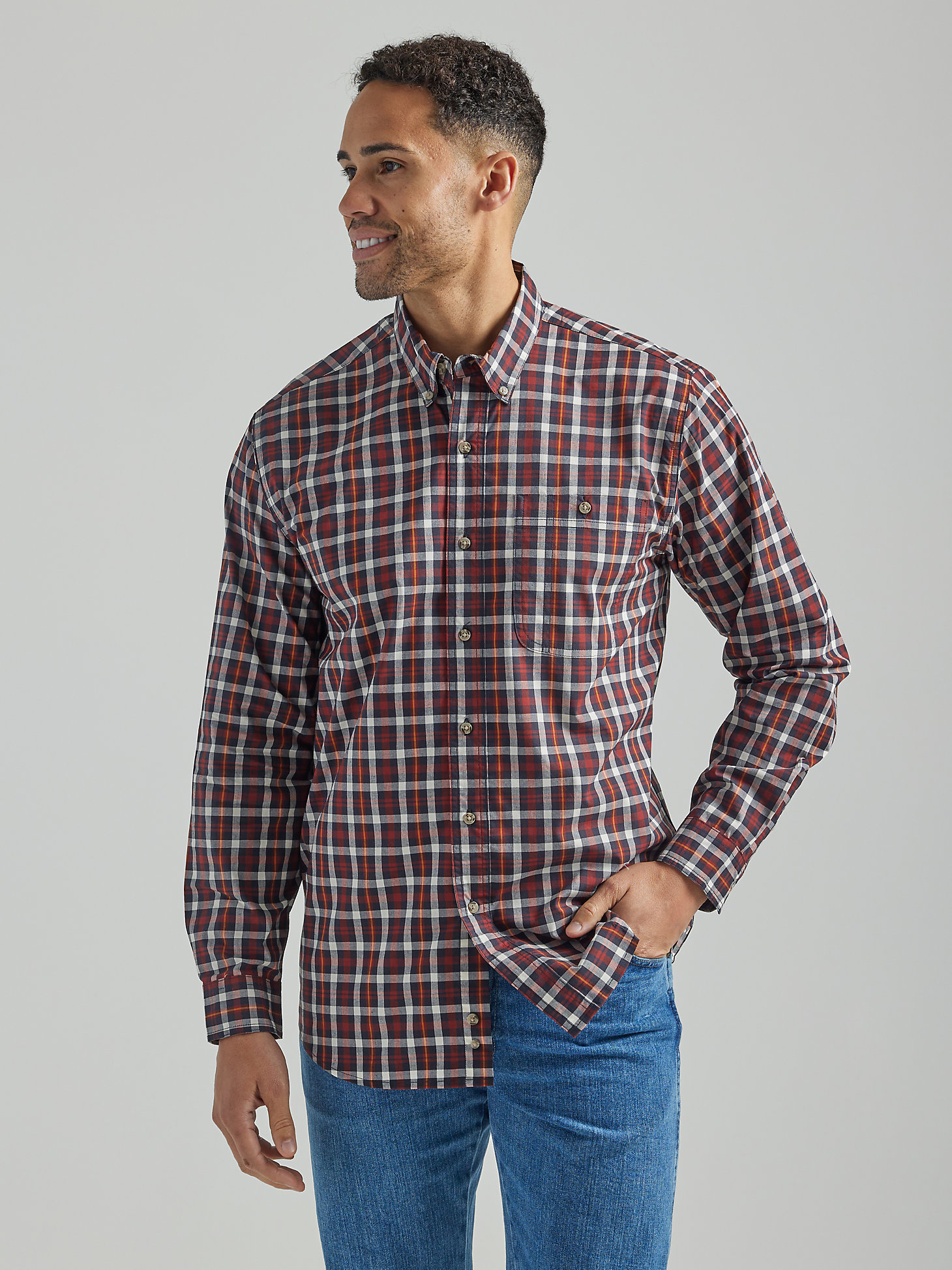 Wrangler Rugged Wear® Long Sleeve Wrinkle Resist Plaid Button-Down Shirt in Houston main view