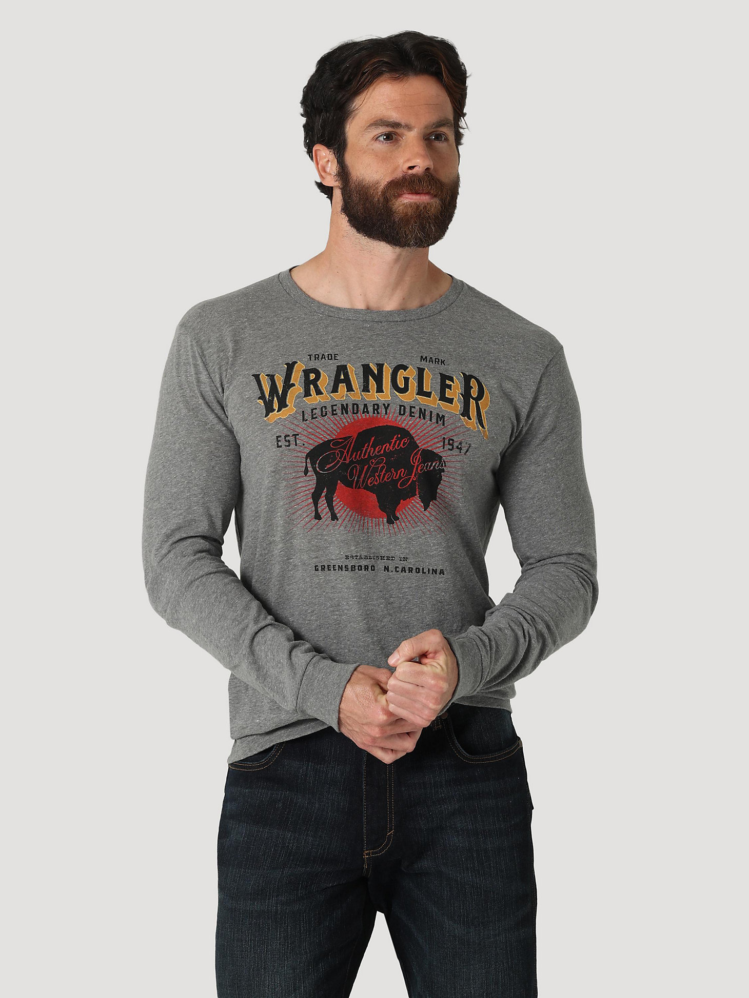 Men's Long Sleeve Authentic Western Jeans Graphic T-Shirt in Graphite Heather main view