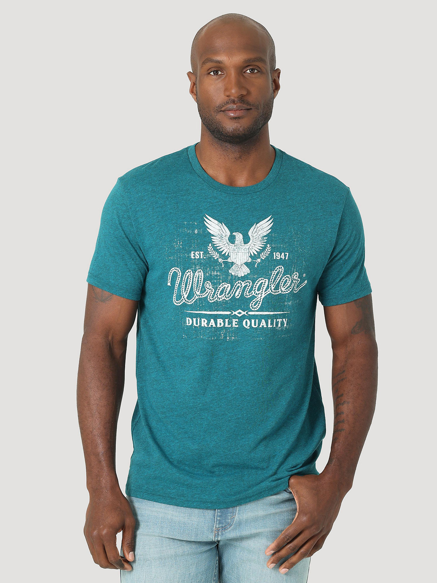 Men's Wrangler Eagle Durable Quality Graphic T-Shirt in Cyan Pepper Heather main view