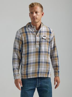 Men's Lightweight Button Front Plaid Hooded Popover Jacket